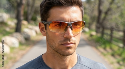 Young man wearing orange tinted sports sunglasses outdoors
