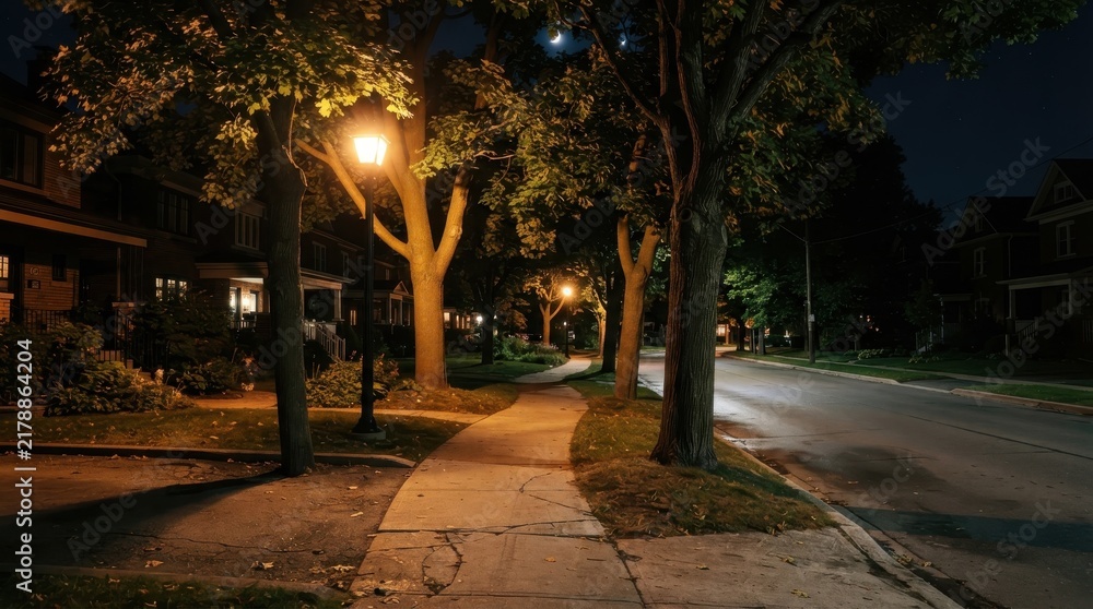 Obraz premium Suburban sidewalk and street illuminated by vintage lamps at night