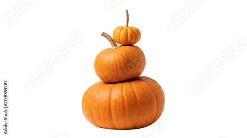 Three orange pumpkins of different sizes stacked vertically against a clean solid white background surface with other against plain stacked top