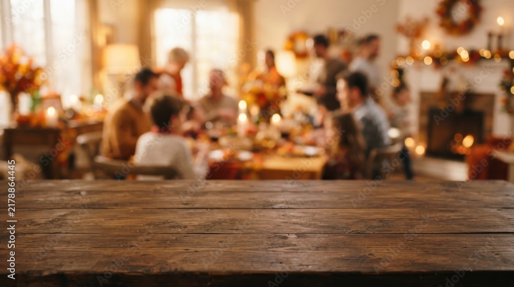 Obraz premium Empty dark wooden table with blurred family dinner background in autumn