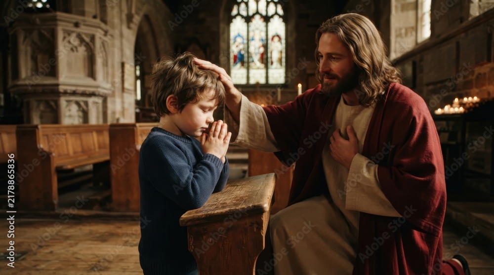 Fototapeta premium Young boy praying at church pew with spiritual figure blessing him