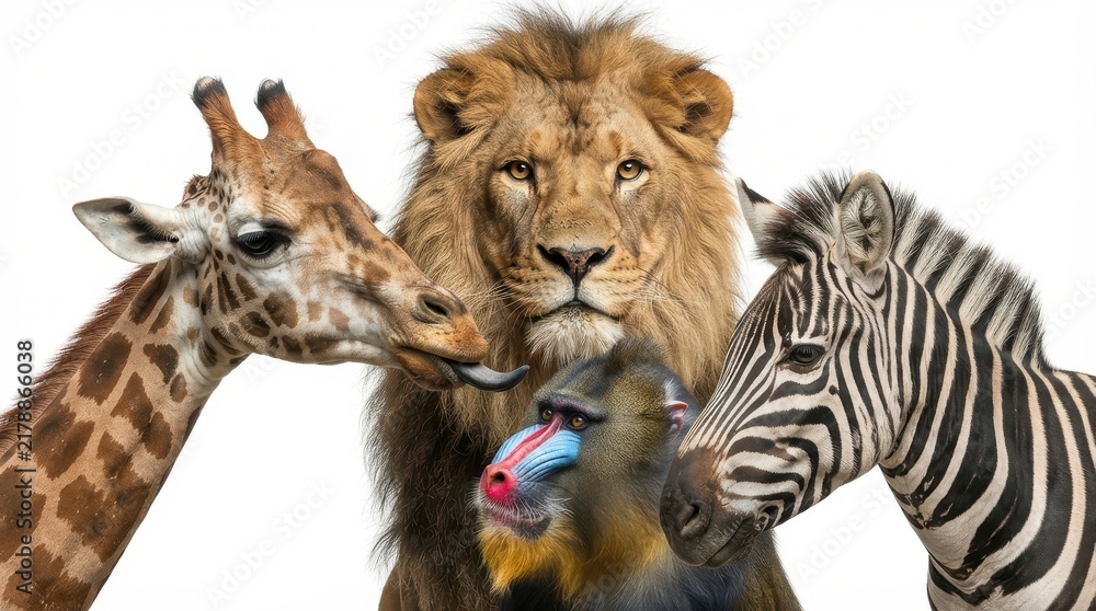 Obraz premium Group of wild African animals including lion, giraffe, zebra and mandrill