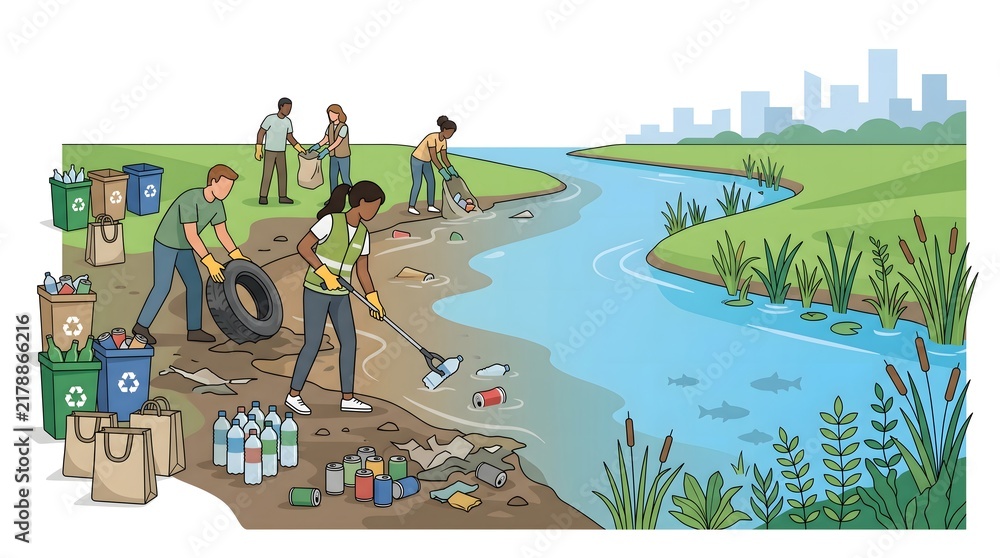 Fototapeta premium Diverse group of volunteers cleaning up river bank with trash, bottles, and tire for recycling.