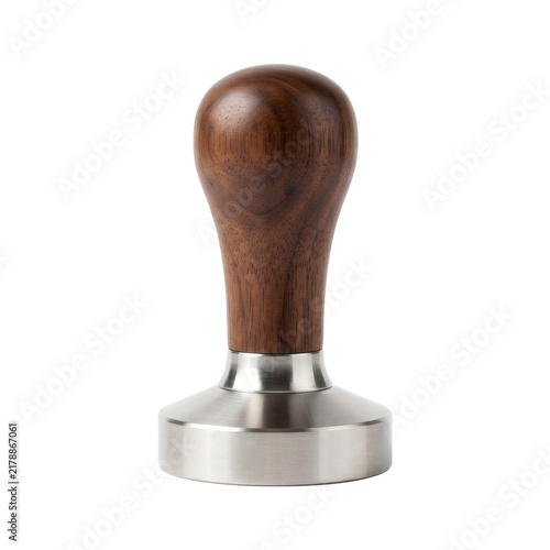 Professional coffee tamper with a polished wooden handle and stainless steel base, perfect for espresso preparation and barista equipment.