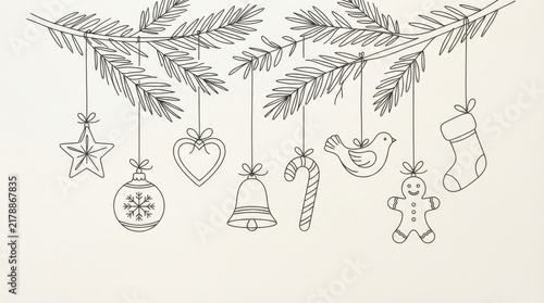 Christmas tree branches with hanging ornaments outline drawing