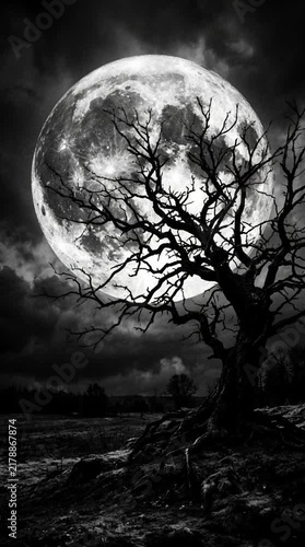Dead tree silhouetted against a huge full moon at night. Spooky atmosphere with eerie shadows and dark clouds. Halloween 2026 eerie holiday mystery concept.