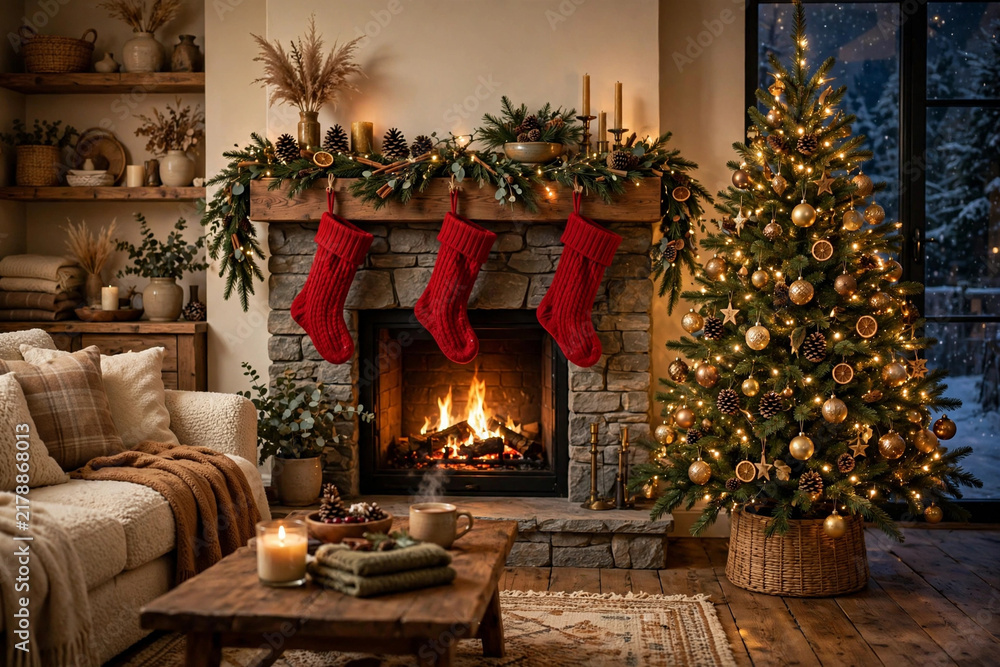Fototapeta premium Cozy Christmas living room with fireplace and stockings and tree