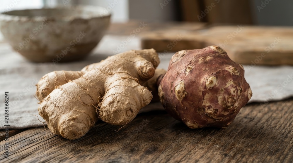Fototapeta premium Fresh ginger root and Jerusalem artichoke on rustic wooden table