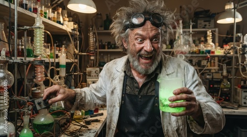 Crazy mad scientist holding glowing green chemical beaker in laboratory