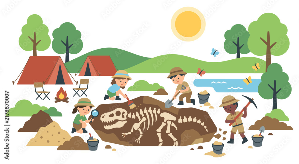 Fototapeta premium Colorful dinosaur excavation site camp educational art.