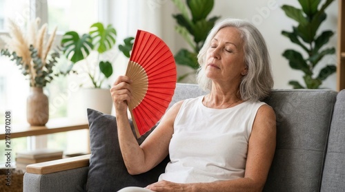 Stressed senior woman at home waving a fan due to overheating