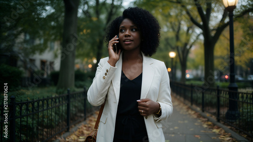 Businesswoman talking on smartphone walking in city park, eye level