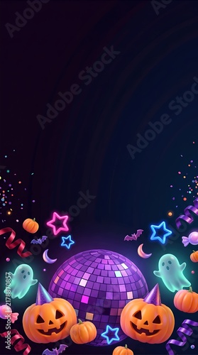 Spooky 3D disco ball and pumpkins Halloween party poster template