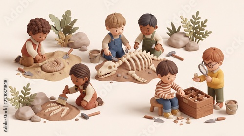 3D Little Paleontologists Discovering Fossils