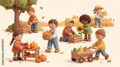 3D Little Farmers Harvesting Fresh Fruits and Vegetables
