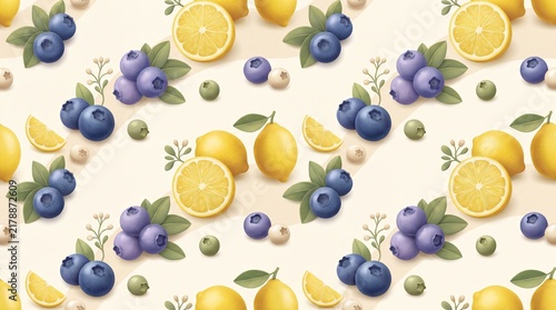 3D Blueberry and Lemon Seamless Fruit Pattern