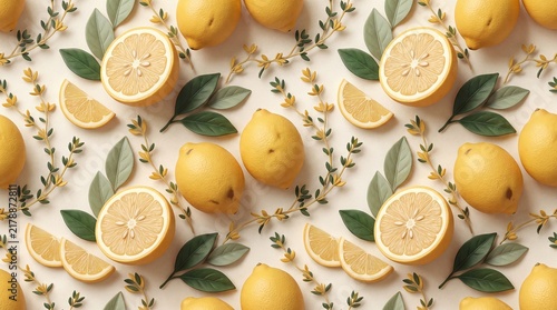 3D Lemon and Thyme Seamless Citrus Botanical Pattern
