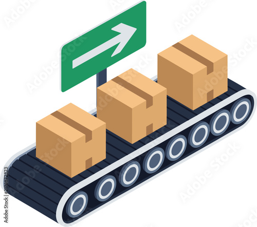 Isometric view of cardboard boxes moving along a automated industrial conveyor belt system