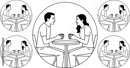 Line art illustration of a young couple sitting together at a small round table drinking coffee