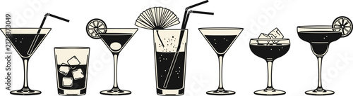 Set of black and white vintage style cocktail icons isolated on white background
