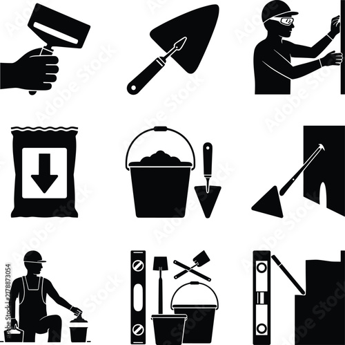 Set of black construction icons representing tiling masonry and plastering tools