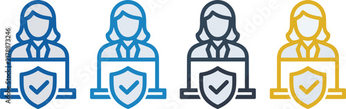 Set of four colorful flat vector icons featuring woman portraits with security shield symbols for internet safety concepts