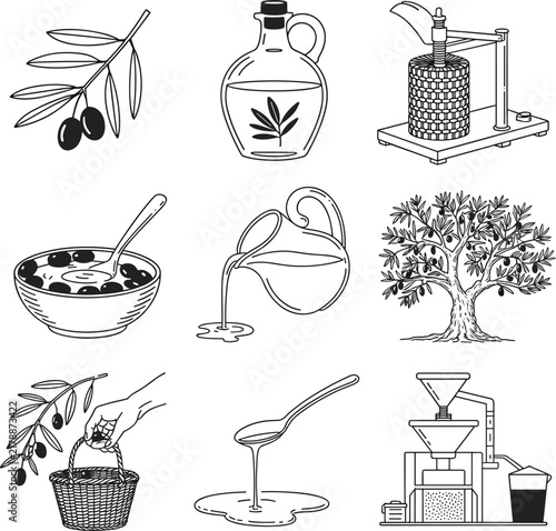 Set of olive oil production and harvesting icons in line art style for food and agriculture design