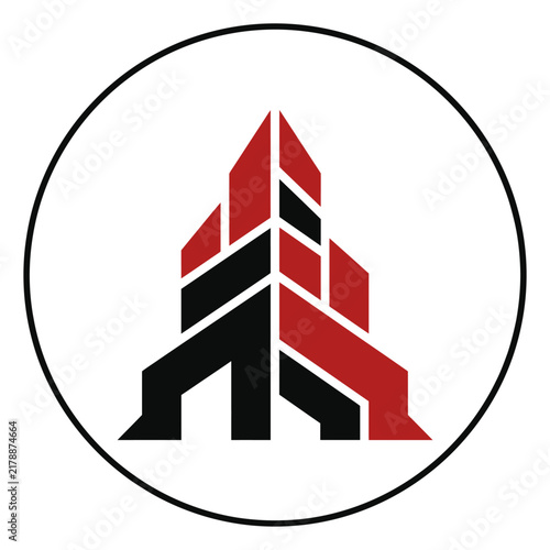 Modern Architectural Symbol With Red And Black Geometric Shapes Inside A Circle