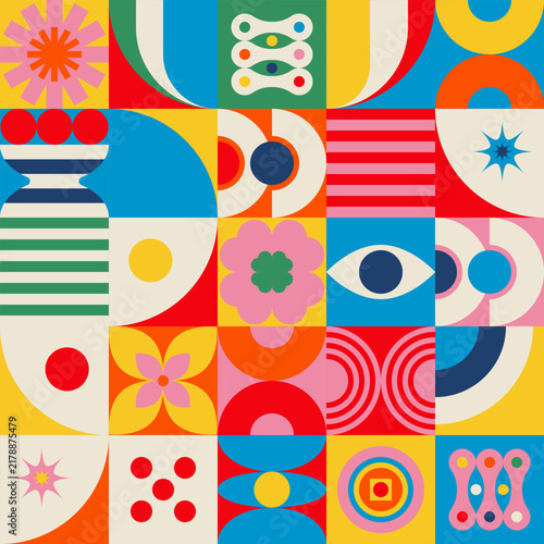 Colorful Retro Geometric Mosaic Pattern with Flowers and Eyes