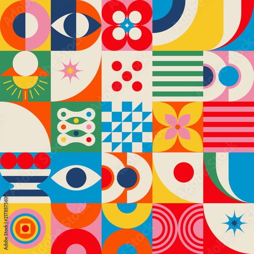 Mid-Century Geometric Grid Pattern with Sun and Eye Vector