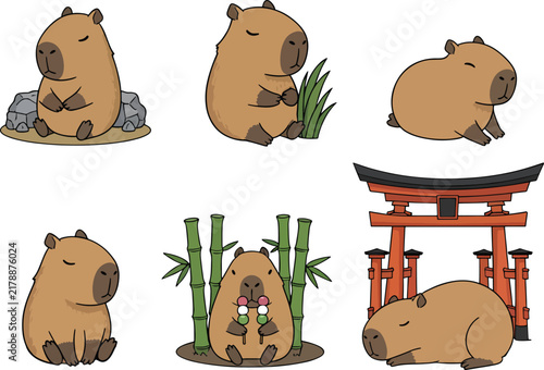 Cute Capybara in Various Poses Illustration Set