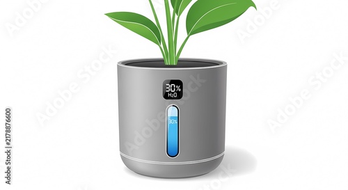 Smart automated planter with digital hydration sensor display and water level indicator for modern indoor gardening technology.