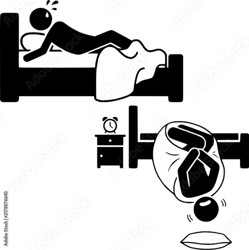 Obraz na plátne Man suffering from insomnia restless sleeping posture and falling out of bed sti