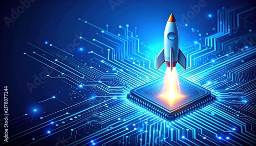 Rocket launch from computer chip on blue circuit background.