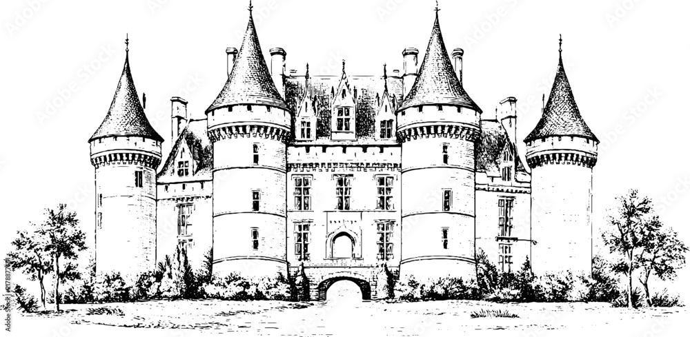 Obraz premium Antique engraved castle illustration isolated on white background for historical poster, background and architectural design showing medieval fortress towers and turrets