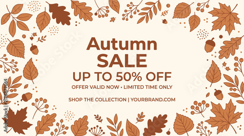 Autumn sale banner with fall leaves and acorns frame