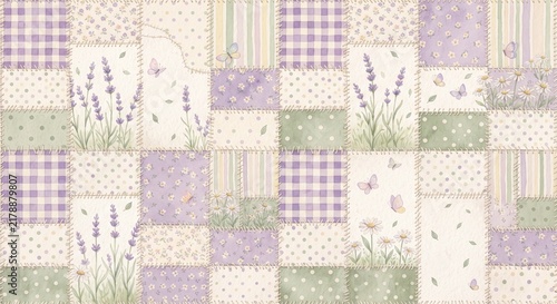 Seamless patchwork pattern with lavender flowers, daisies, butterflies, and polka dot fabric textures in soft pastel purple and green colors