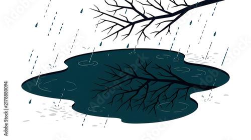 Bare Tree Branch Reflection in Dark Rain Puddle on Rainy Day Illustration