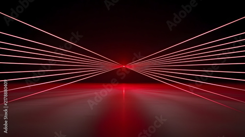 Red laser beams create stunning visual effect dark environment, showcasing technology precision
