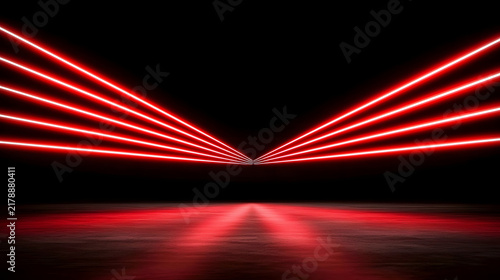 Bright red laser beams create stunning visual effect in dark space showcasing technology
