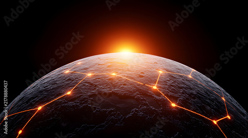 Stunning view of planet surface illuminated by rising sun, showcasing technology connections
