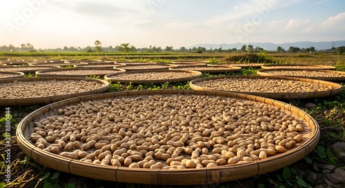 Sun Drying Peanuts on Round Bamboo Trays in an Agricultural Farm Field at Sunset