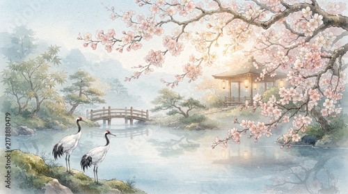 Watercolor painting of a serene japanese garden with cherry blossoms, a wooden bridge, a pagoda, and two cranes standing by a tranquil pond