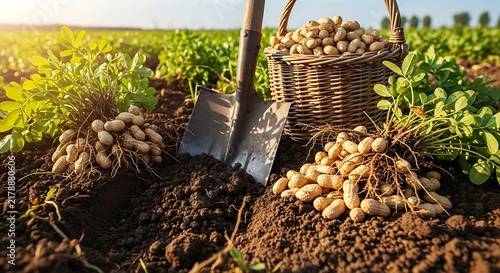 Peanut harvest in a sunny field with a shovel and basket brimming with nuts