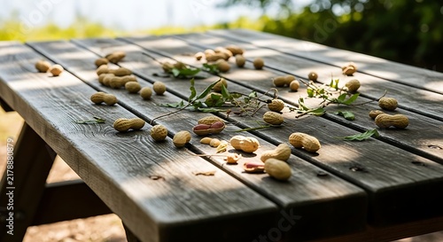 Scattered peanuts and green grass on a weathered wooden picnic table outdoors