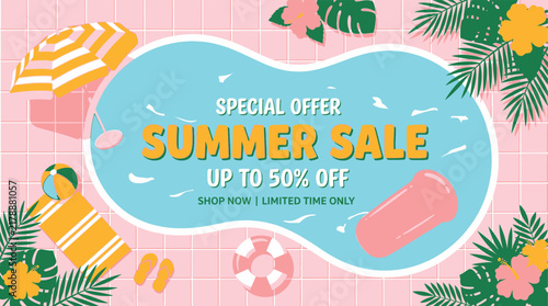 Summer sale banner with swimming pool background, tropical leaves, beach umbrella, beach ball, flip flops, and pool float