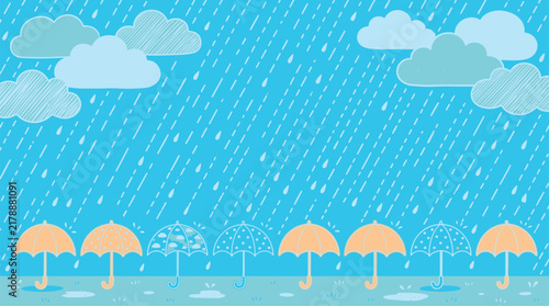 Cute rainy day background with colorful umbrellas and clouds in a flat vector illustration style