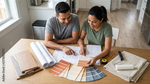 Young multiethnic couple planning home improvements with blueprints and paint swatches