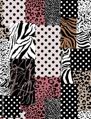 Trendy patchwork seamless pattern with dusty pink animal print leopard zebra texture and polka dots.