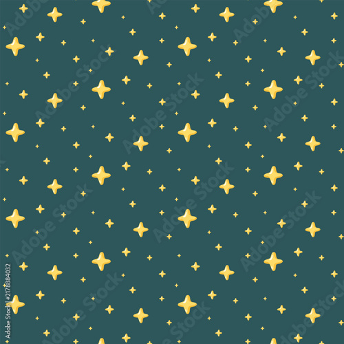 Seamless pattern with glowing golden stars on dark teal background. Dreamy celestial night print. 